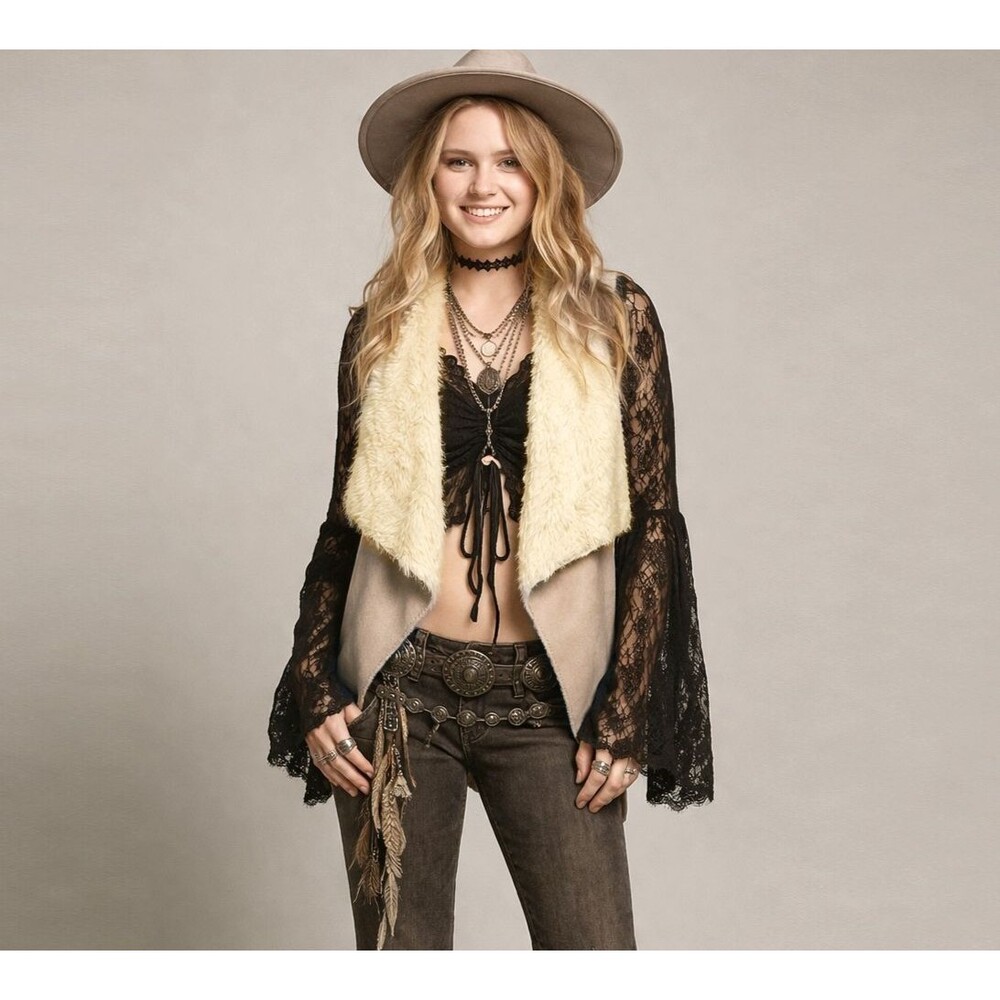 Sanctuary Faux Fur Suede Vest Womens M Beige Ivory Boho Western Festival 70s